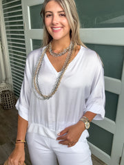 WHITE 3/4 SLEEVES V-NECK SILKY BLOUSE