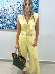 BUTTER YELLOW/WHITE STITCH RUFFLE V-NECK TOP