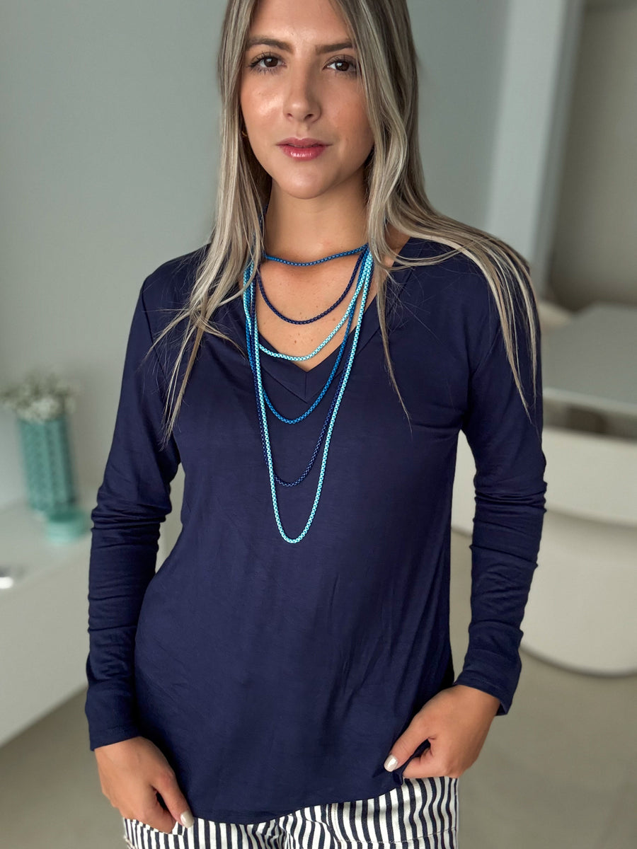 NAVY V-NECK LONG SLEEVE TOP