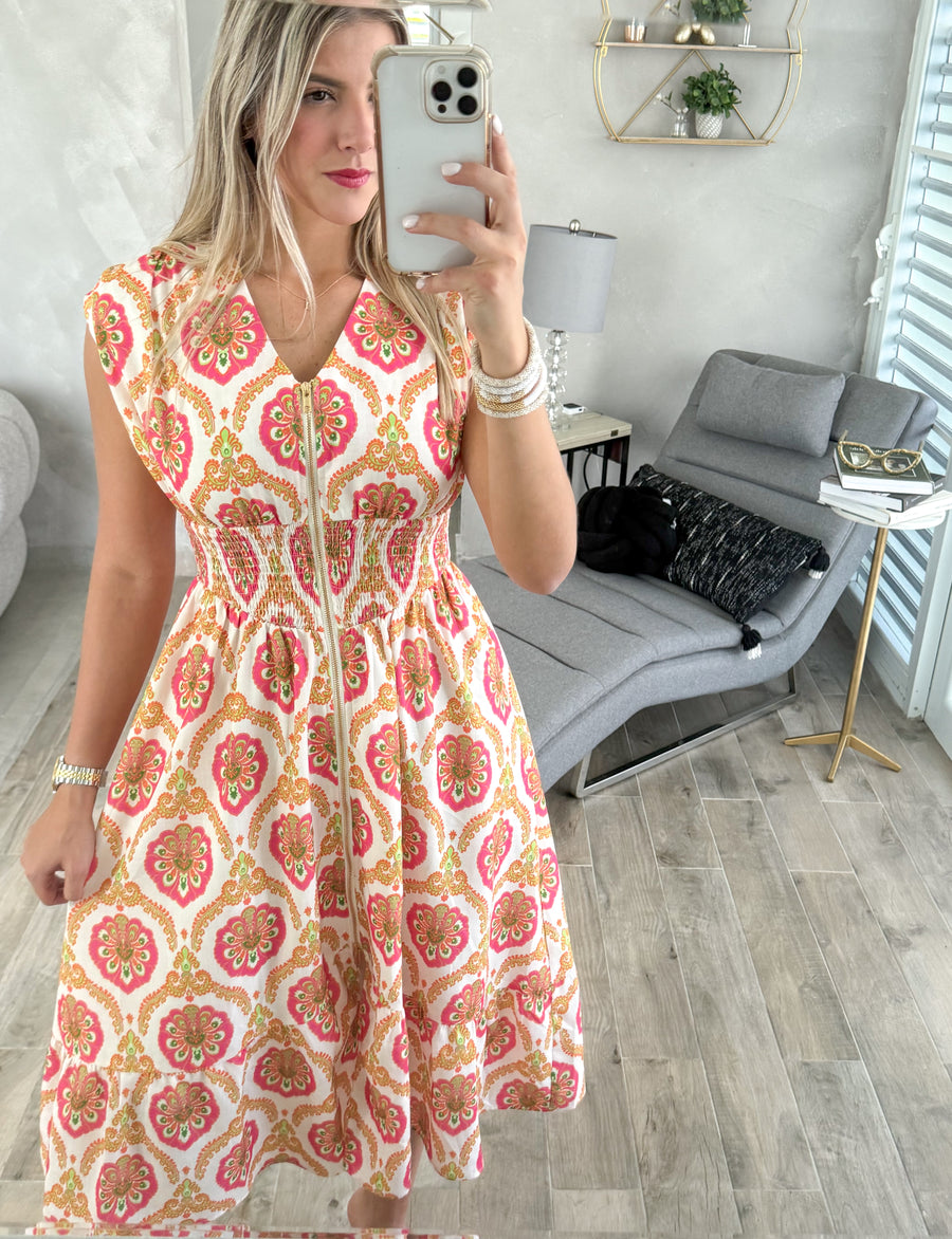 NEON PRINT ZIPPER MIDI DRESS