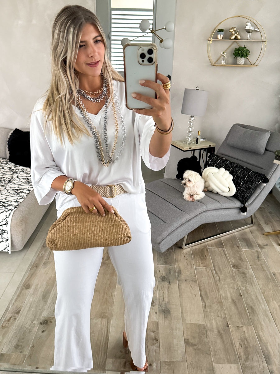WHITE STRETCHY BELTED PANTS