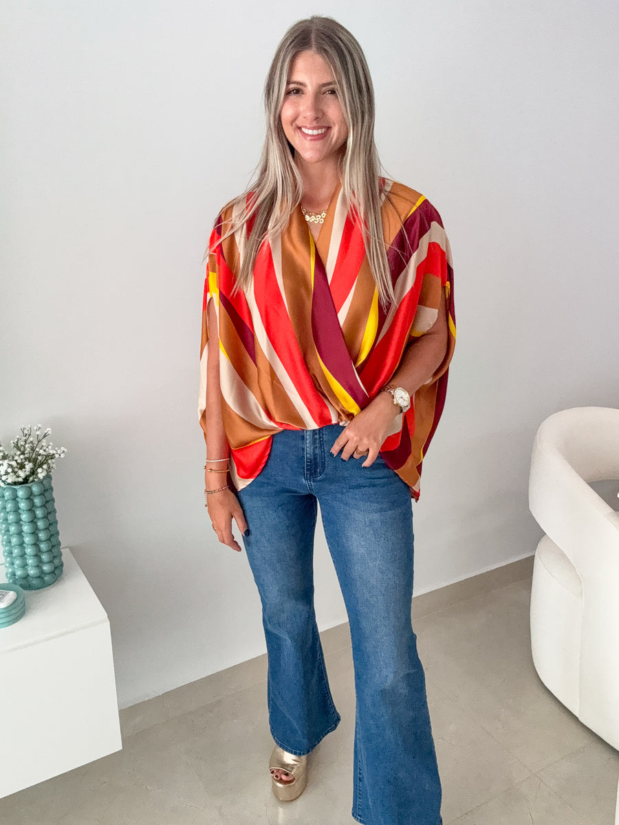 FALLISH PRINTED SATIN CAFTAN BLOUSE