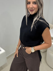 BLACK MOCK NECK KNITTED BLOUSE