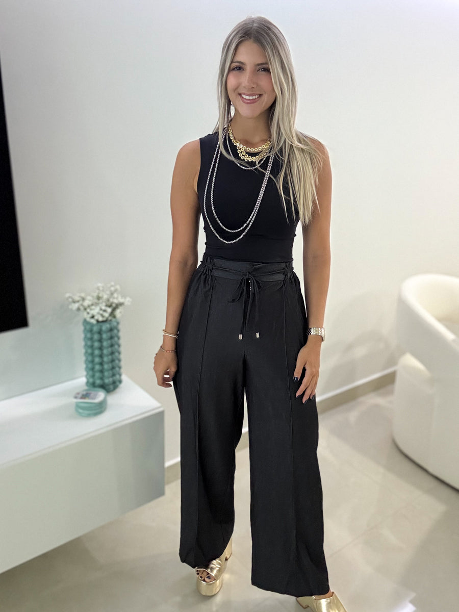 BLACK DENIM WIDE LEG PANTS
