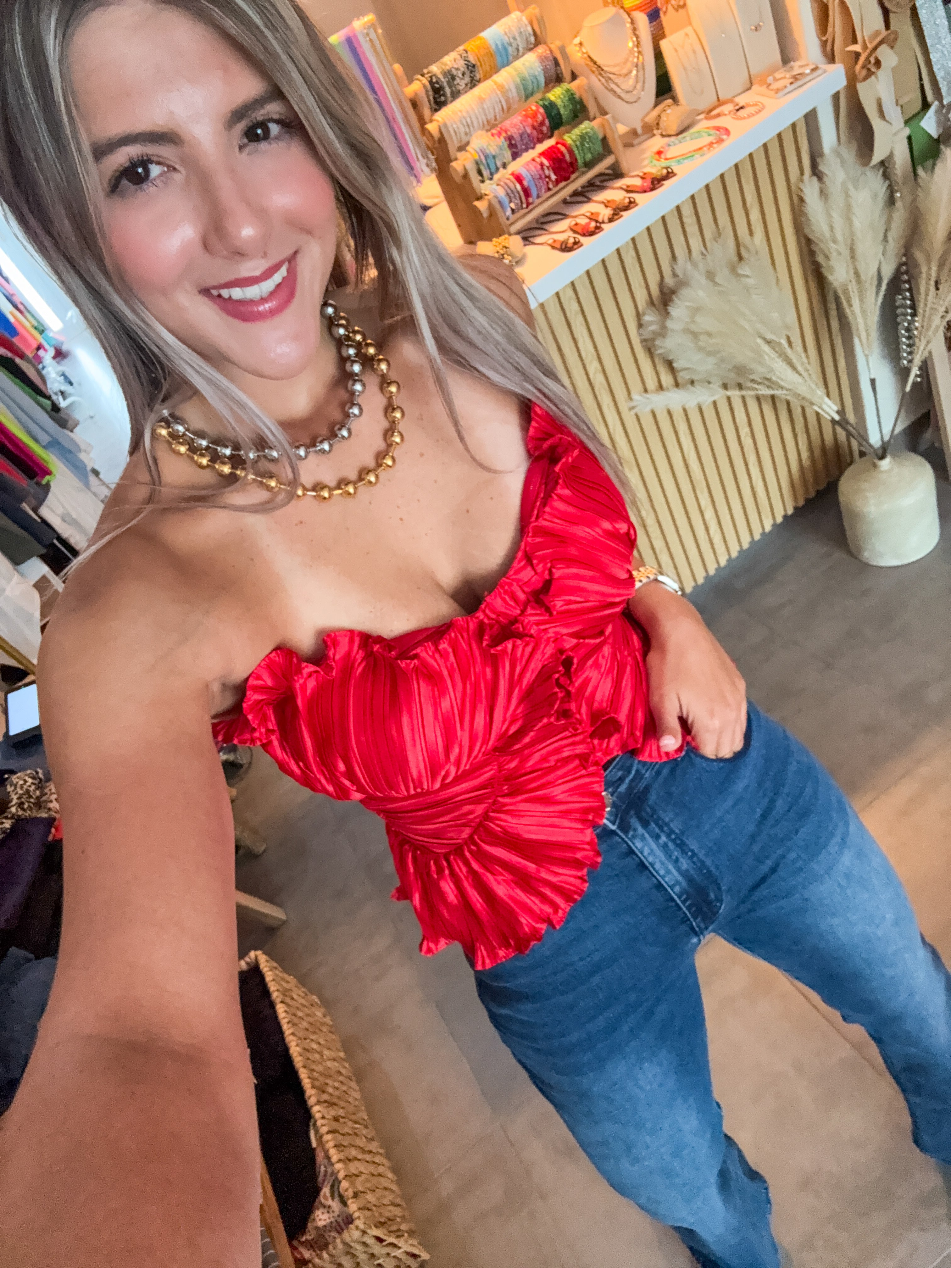 RED SATIN RUFFLED BLOUSE