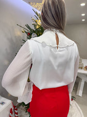 WHITE PLEATED EMBELLISHED BLOUSE