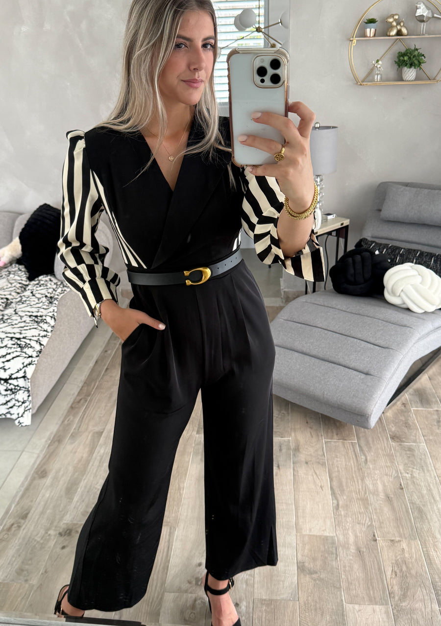 BLACK CONTRAST STRIPED JUMPSUIT