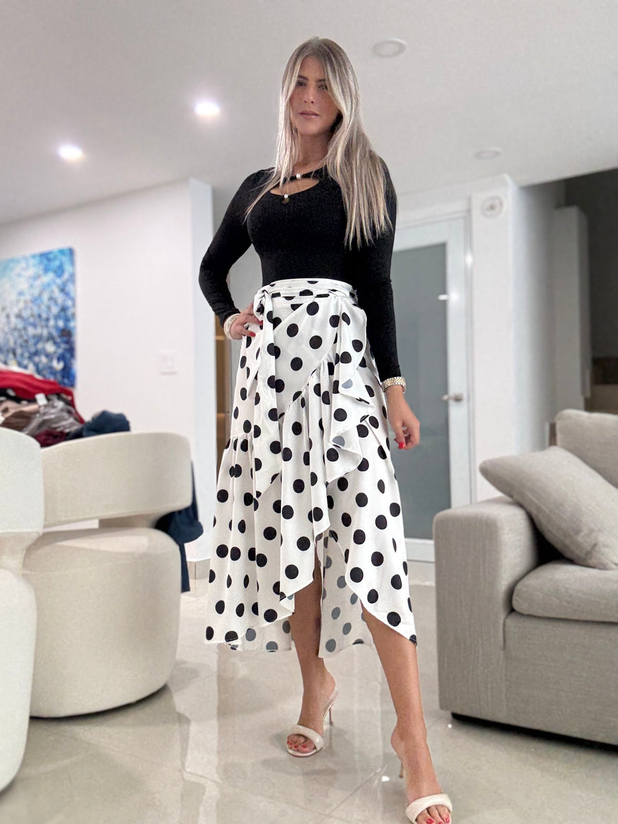 WHITE/BLACK POLKA DOT WRAP AROUND SKIRT