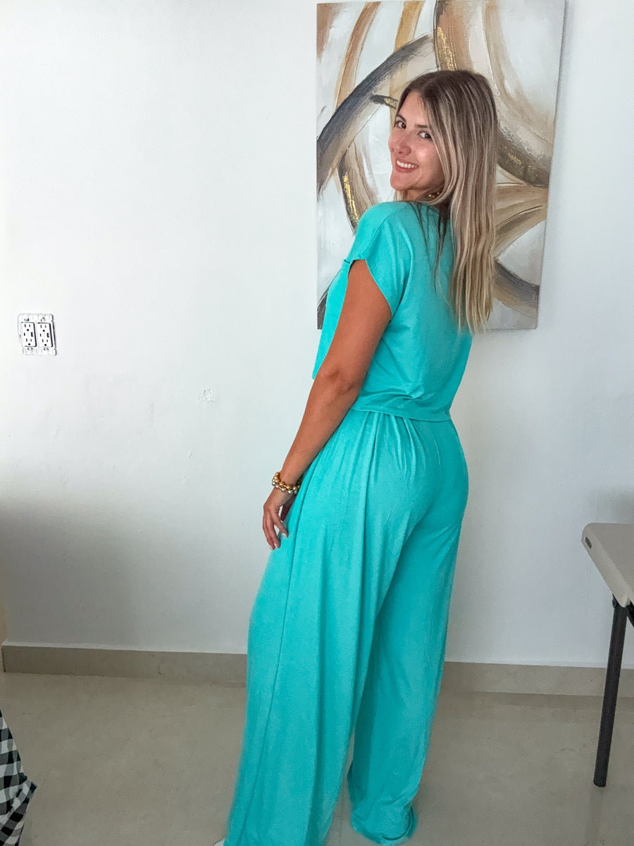 AQUA V-NECK TOP & WIDE LEG PANT SET