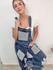 STRETCHY DENIM PATCHORK OVERALL JUMPSUIT