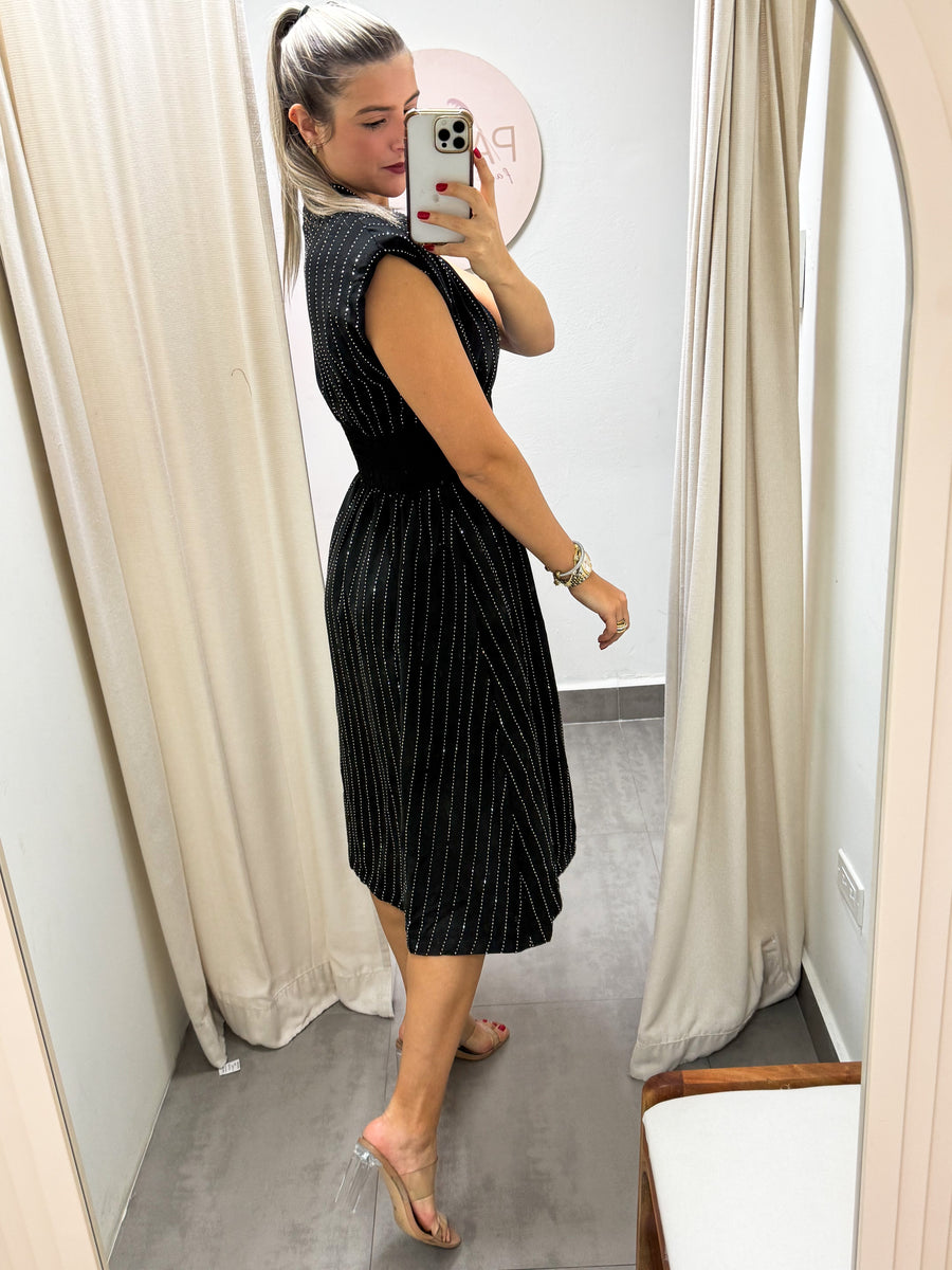 BLACK RHINESTONES ZIPPER MIDI DRESS