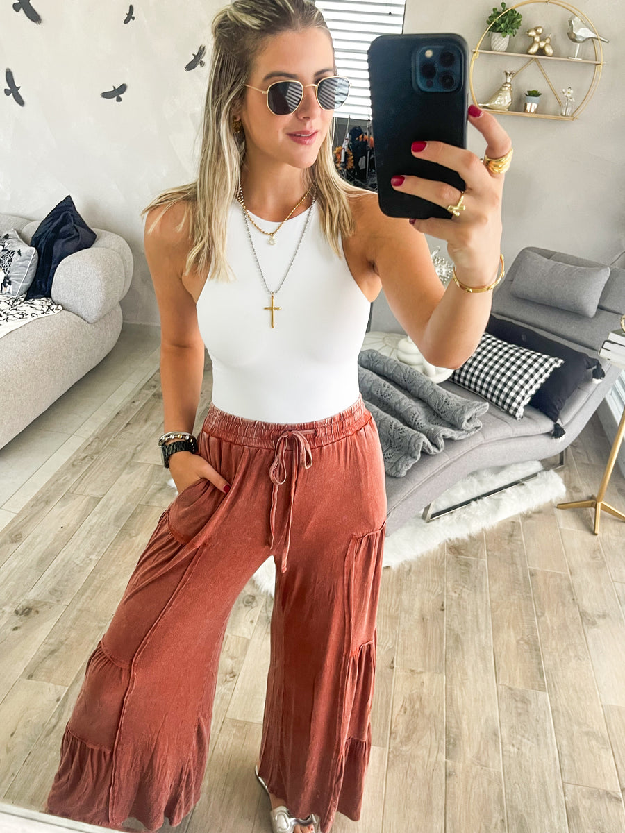PUMPKIN MINERAL WASHED WIDE LEG PANTS