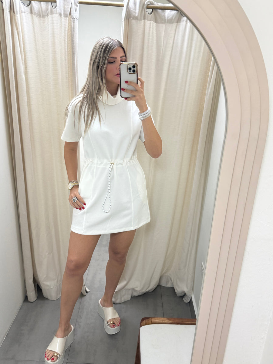 WHITE DRAWSTRING SHORT DRESS