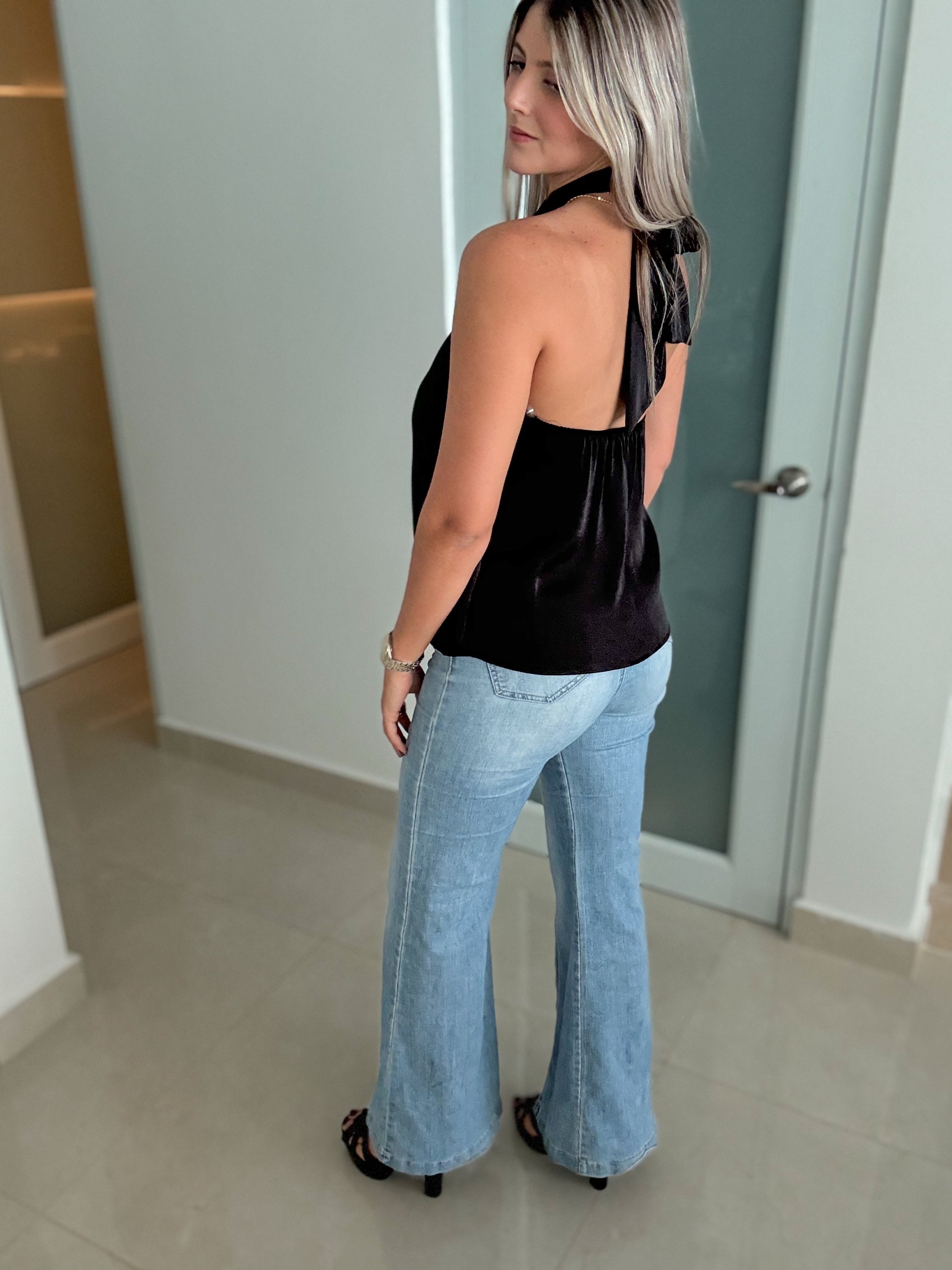 BLACK HALTER SATIN BLOUSE