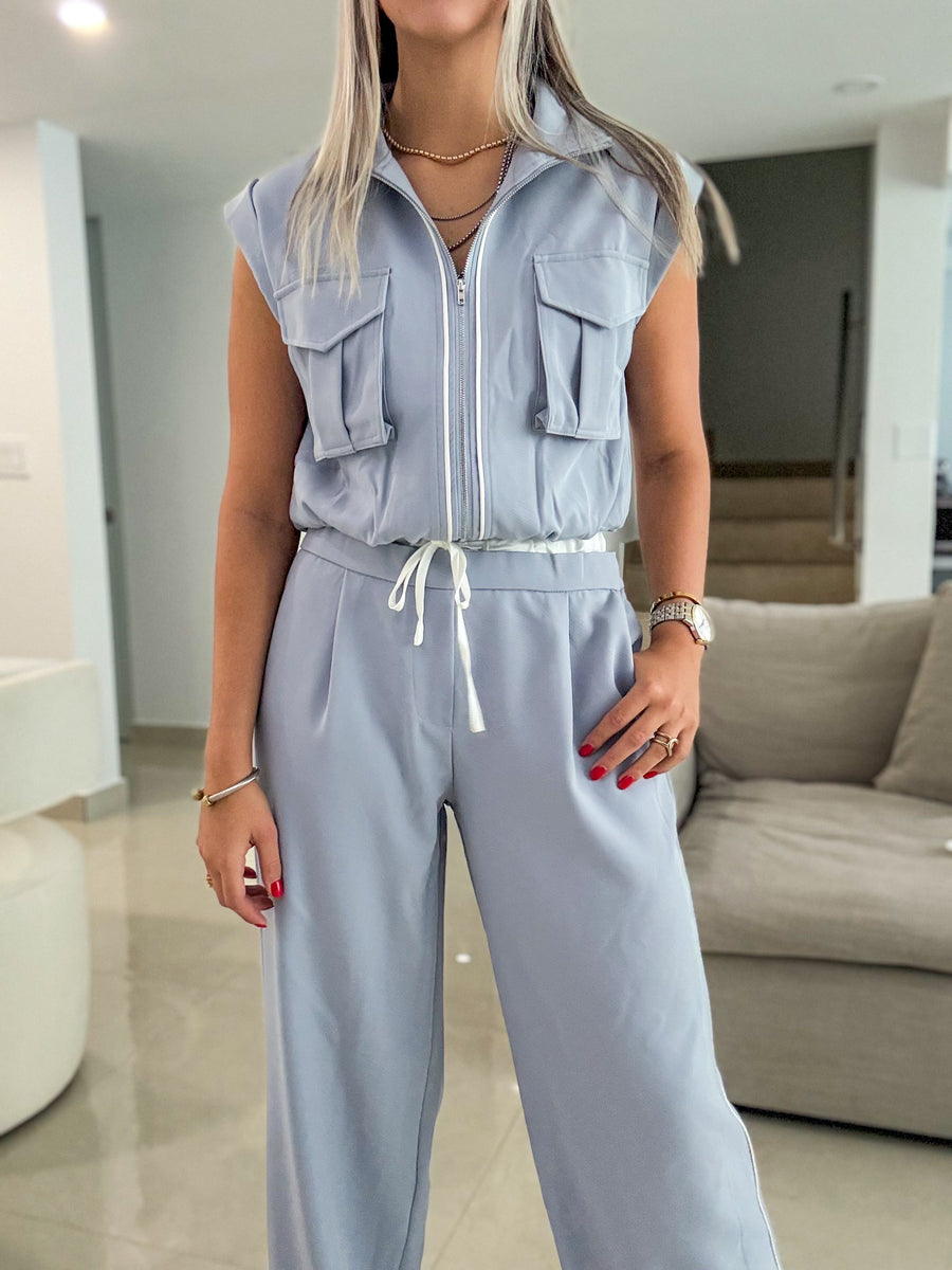 BLUE MOCK NECK ZIPPER CROP JACKET