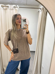 BROWN LONG OVERSIZED RHINESTONES TSHIRT