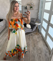 STRAPLESS CREAM/TANGERINE PRINTED MAXI DRESS