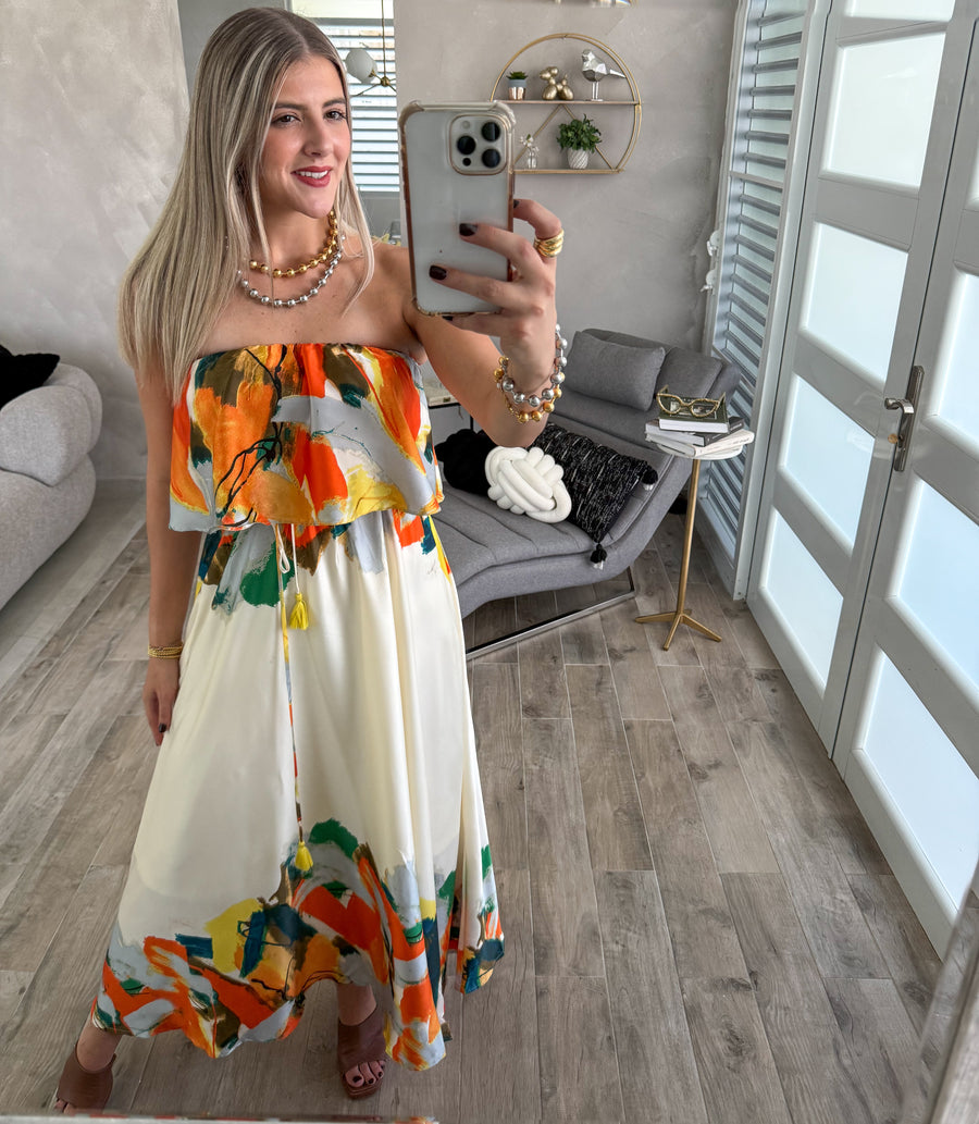 STRAPLESS CREAM/TANGERINE PRINTED MAXI DRESS