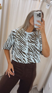 BABY BLUE/CHOCOLATE ZEBRA PRINT CROP BLOUSE