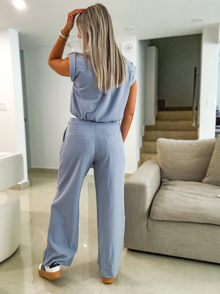 BLUE CONTRAST BAND WIDE LEG PANTS