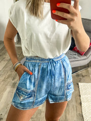 SATIN DENIM ILLUSION SHORTS