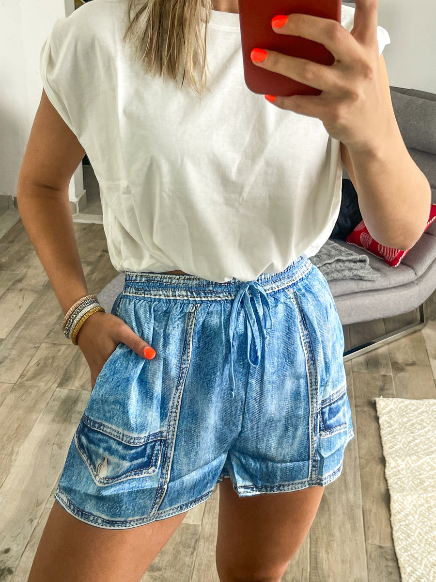 SATIN DENIM ILLUSION SHORTS