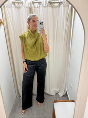 OLIVE SATIN MOCK NECK BLOUSE