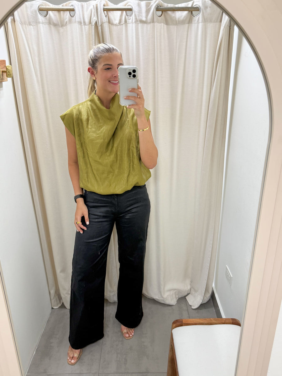 OLIVE SATIN MOCK NECK BLOUSE
