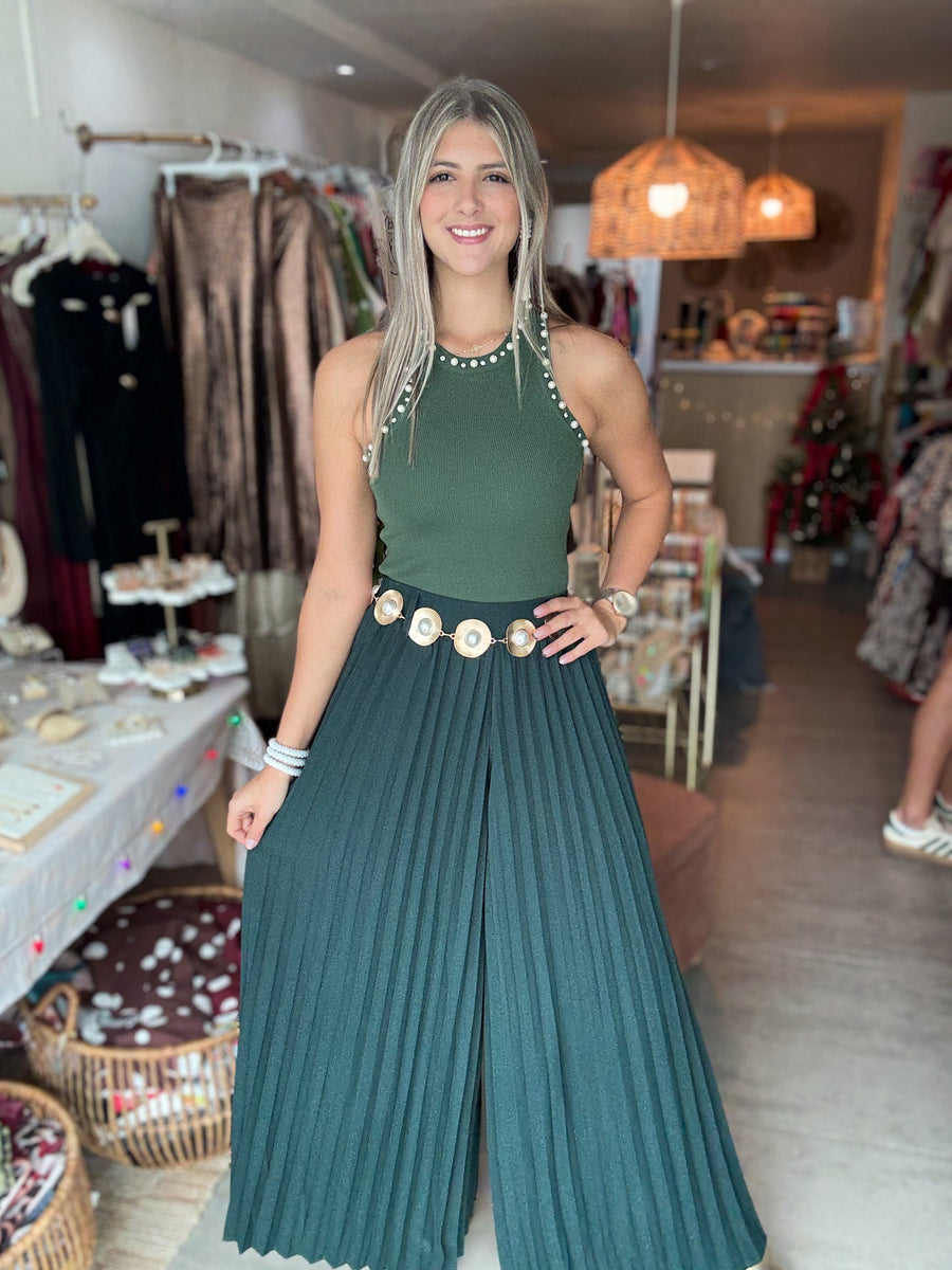GREEN PLEATED BELTED WIDE LEG PALAZZOS
