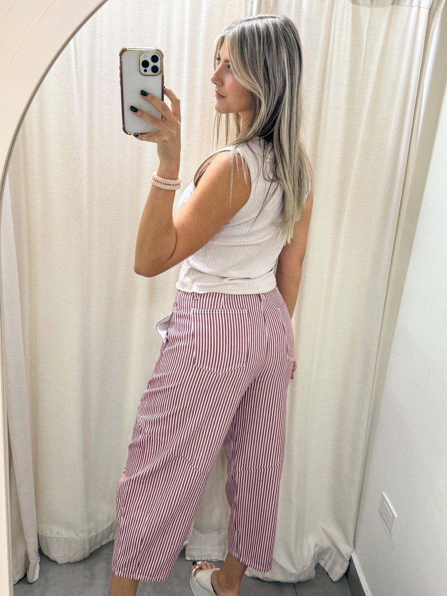 WINE STRIPED BARREL PANTS