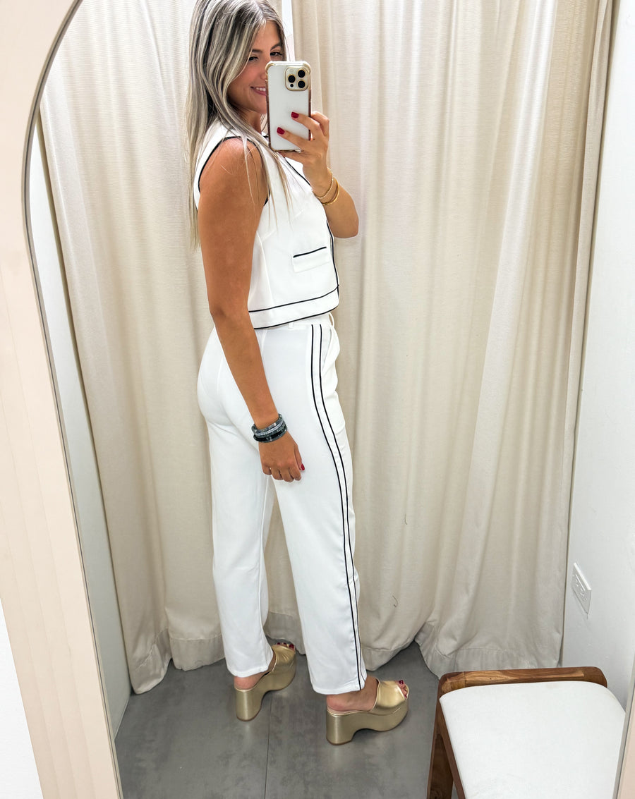 WHITE/BLACK CONTRAST VEST & PANTS SET