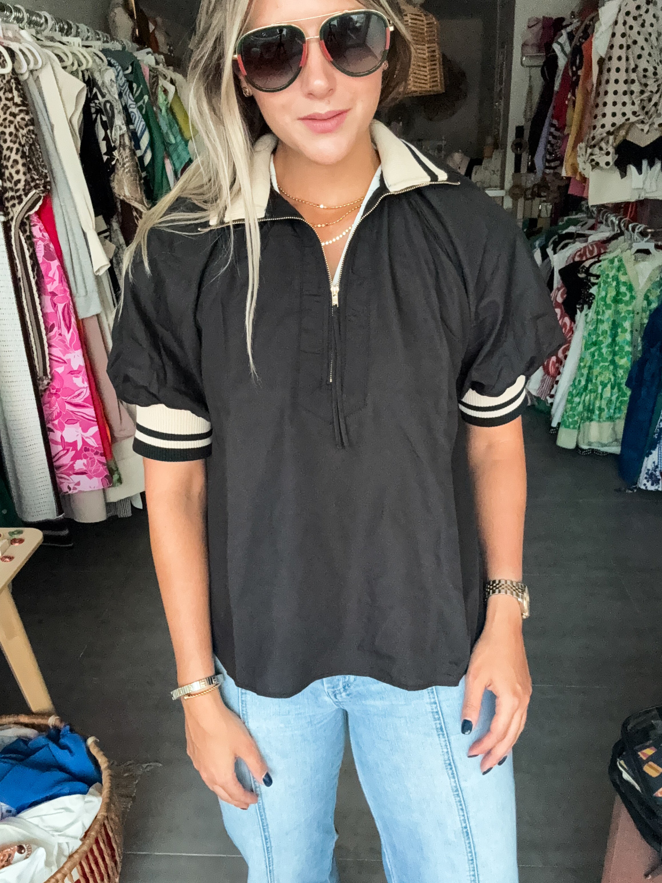 BLACK/MOCHA TRACK CONTRAST BLOUSE