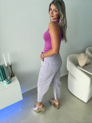 PURPLE STRIPED BARREL PANTS