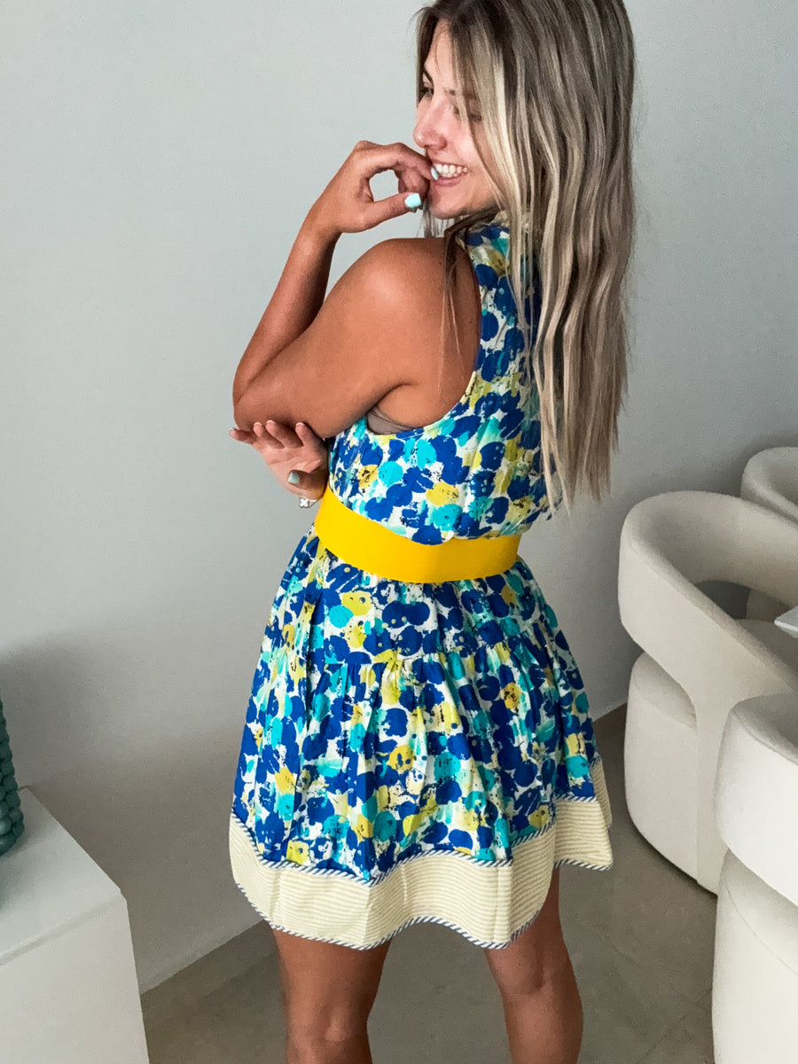 BLUE/YELLOW PRINTED SLEEVELESS SHORT DRESS