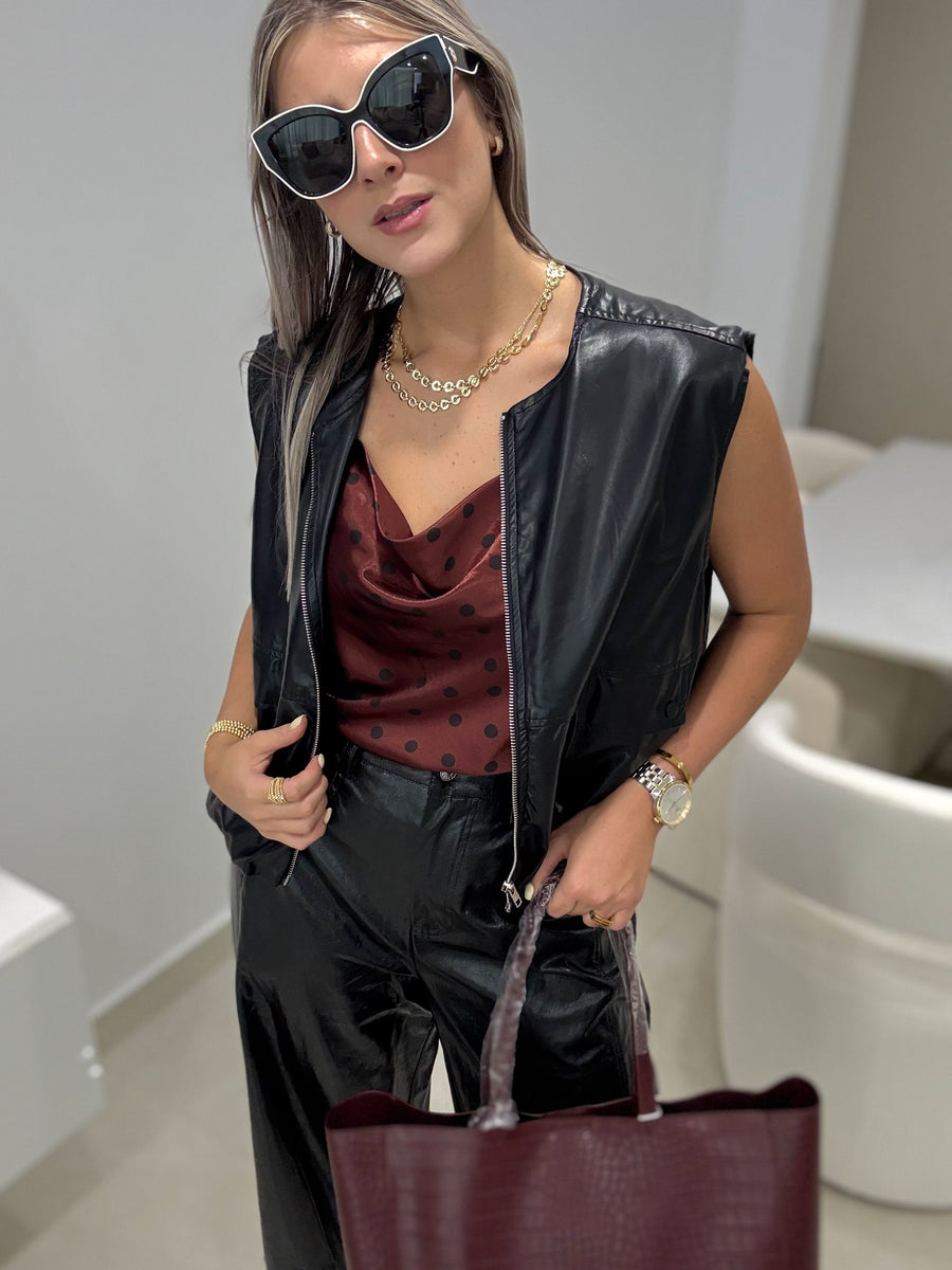 WINE SATIN POLKA DOT CAMI BLOUSE