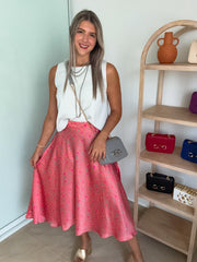 CORAL PRINTED HIGH LOW SILKY SKIRT