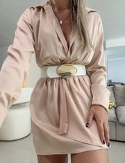 BEIGE SATIN PLEATED DETAIL LONG SLEEVE SHORT DRESS