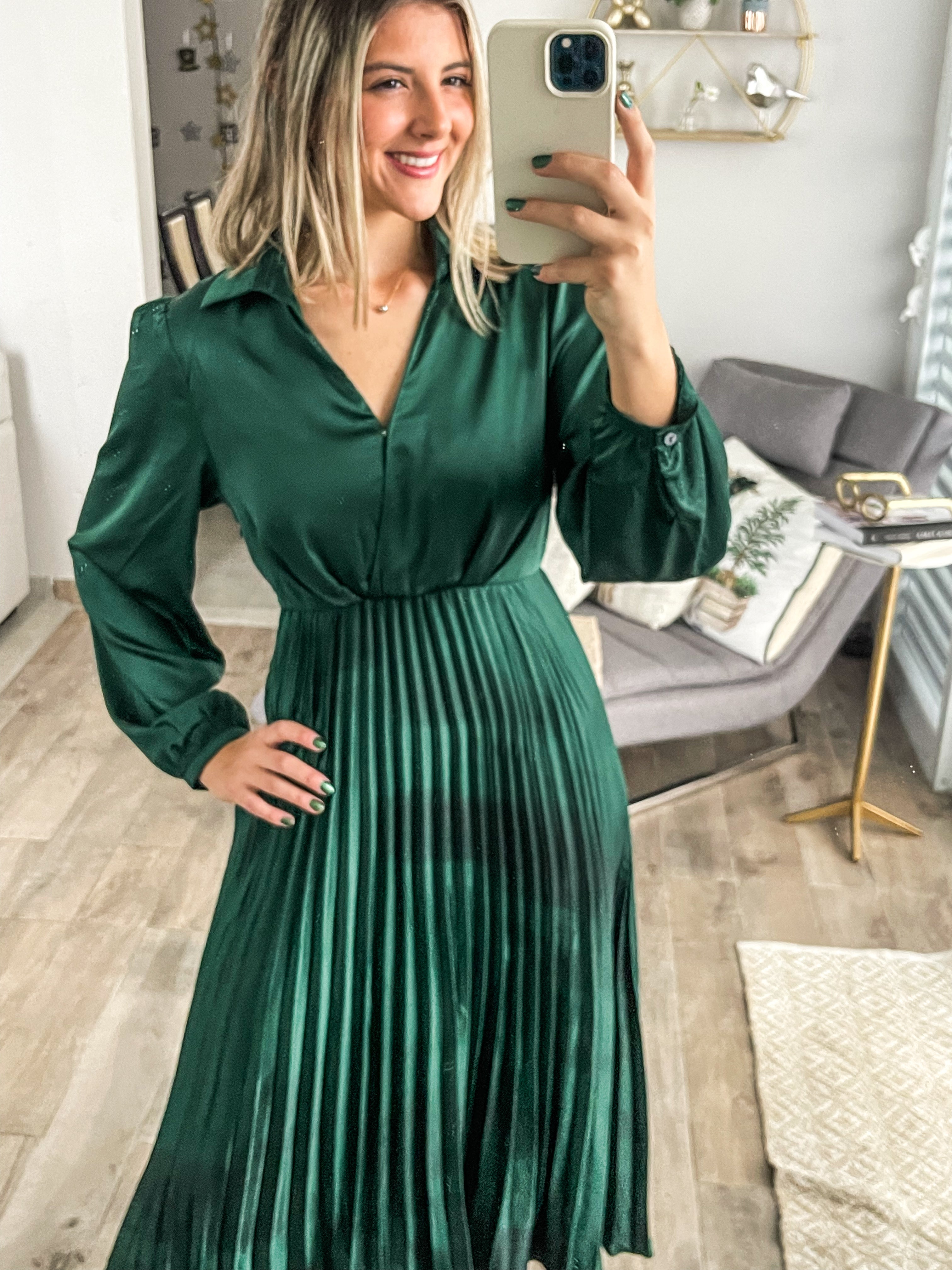 GREEN SATIN PLEATED MIDI DRESS