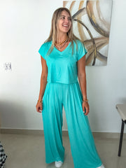 AQUA V-NECK TOP & WIDE LEG PANT SET