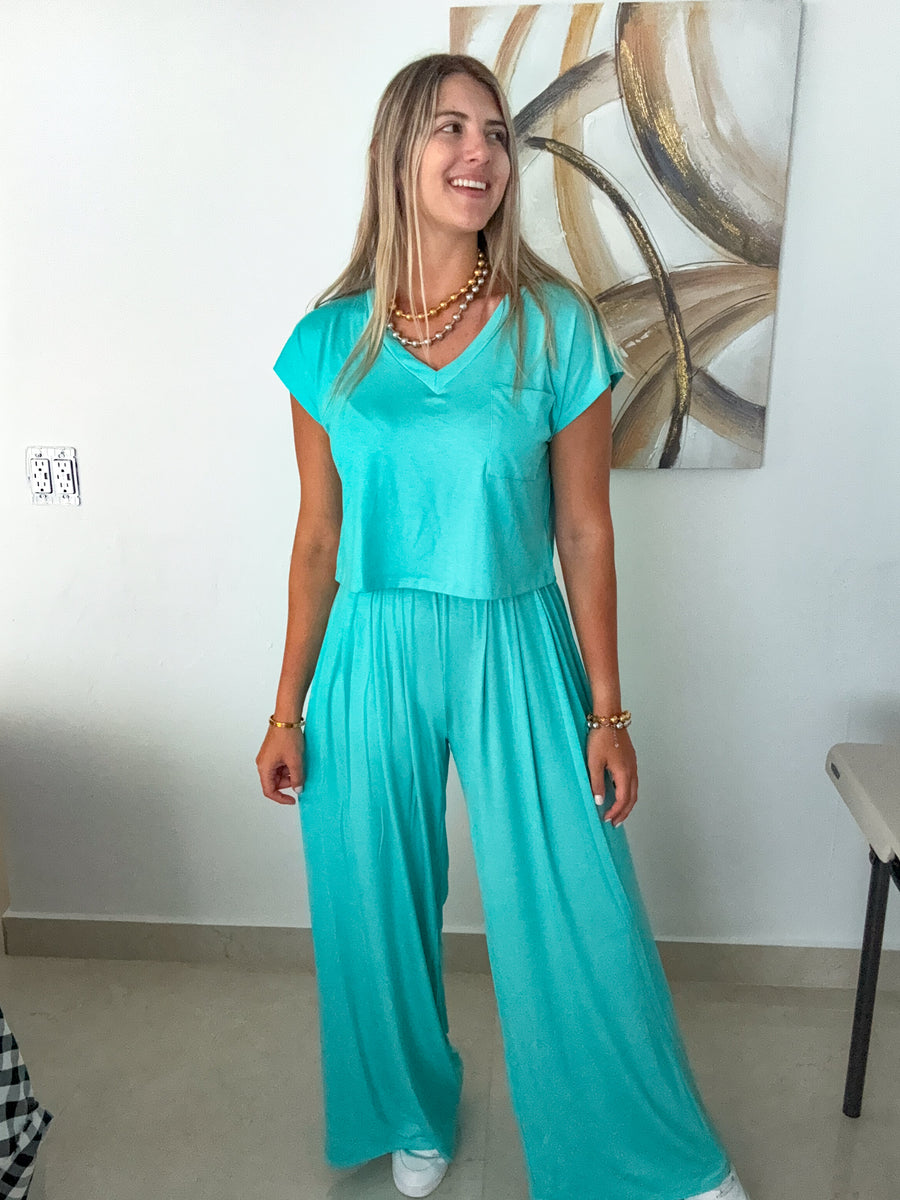 AQUA V-NECK TOP & WIDE LEG PANT SET