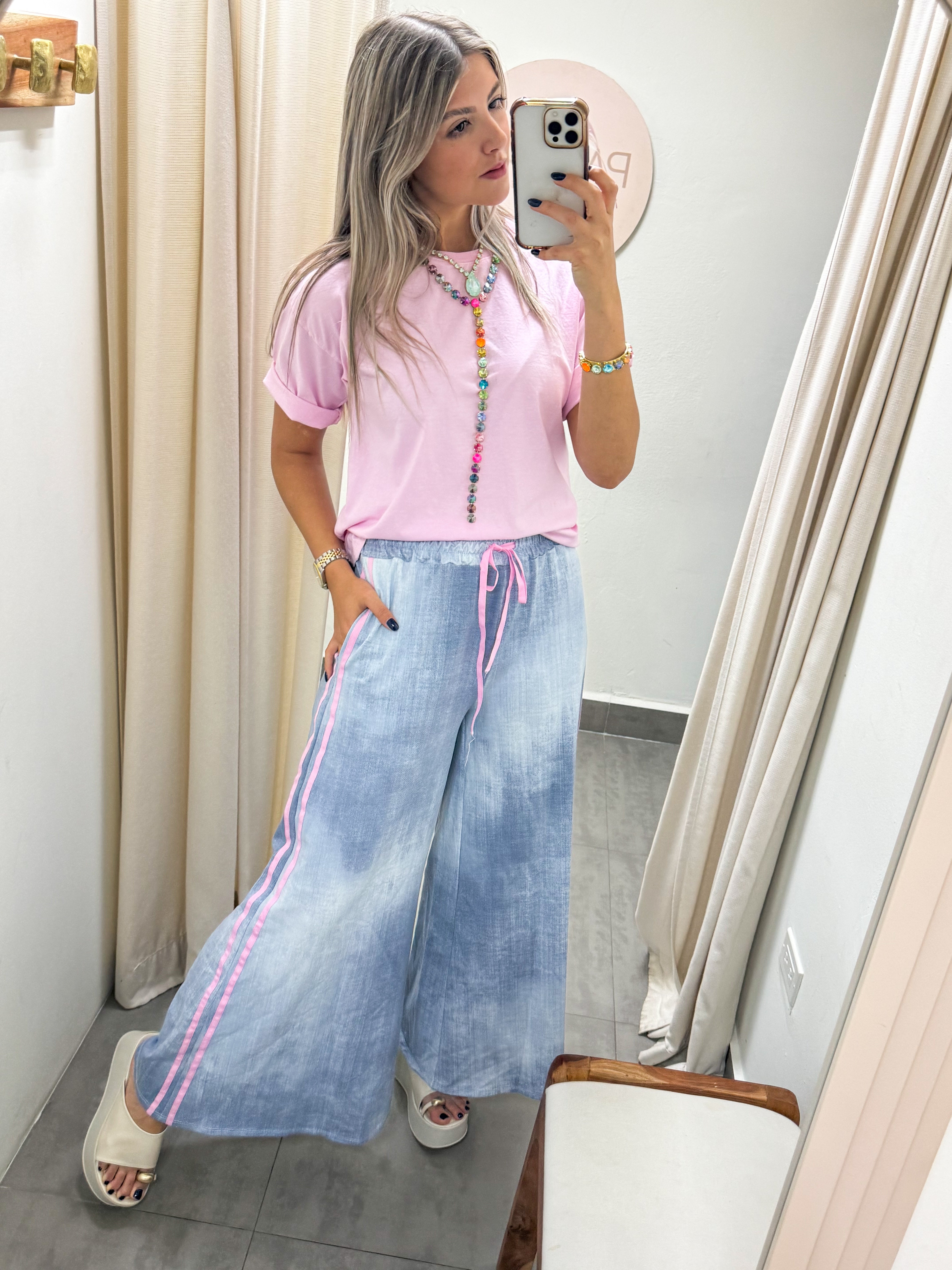 STRETCHY DENIM SIDE LINK TRACK LINES WIDE LEGGED PANTS