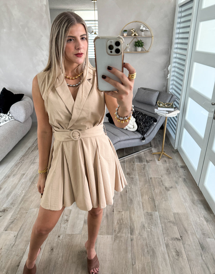 KHAKI BELTED SHORT DRESS