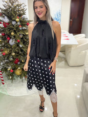 SATIN/LACE POLKA DOT MIDI SKIRT