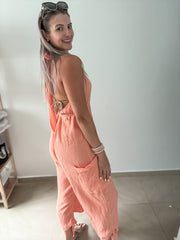 PEACH GAUZE HALTER JUMPSUIT
