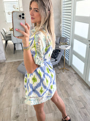 BLUE/GREEN PRINTED PLEATED SHIRT DRESS