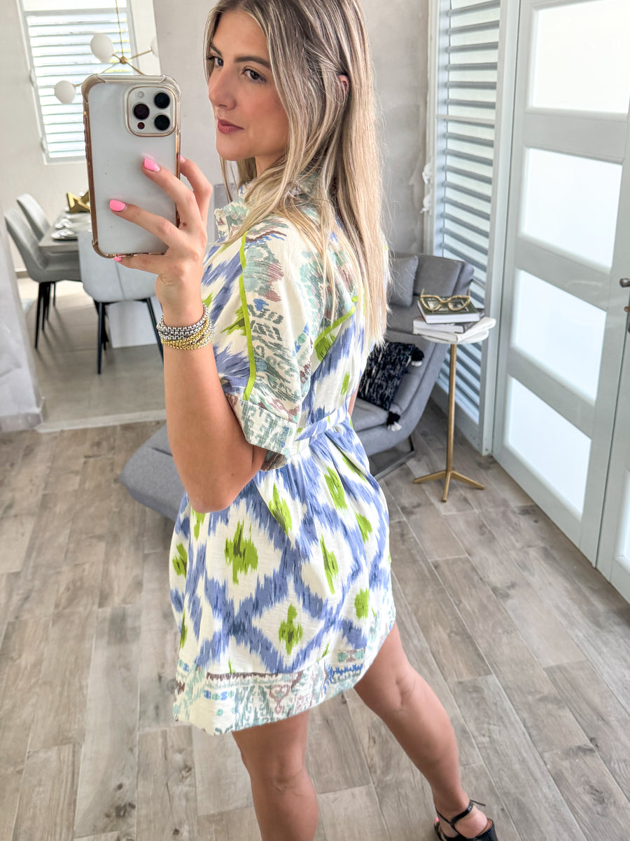 BLUE/GREEN PRINTED PLEATED SHIRT DRESS