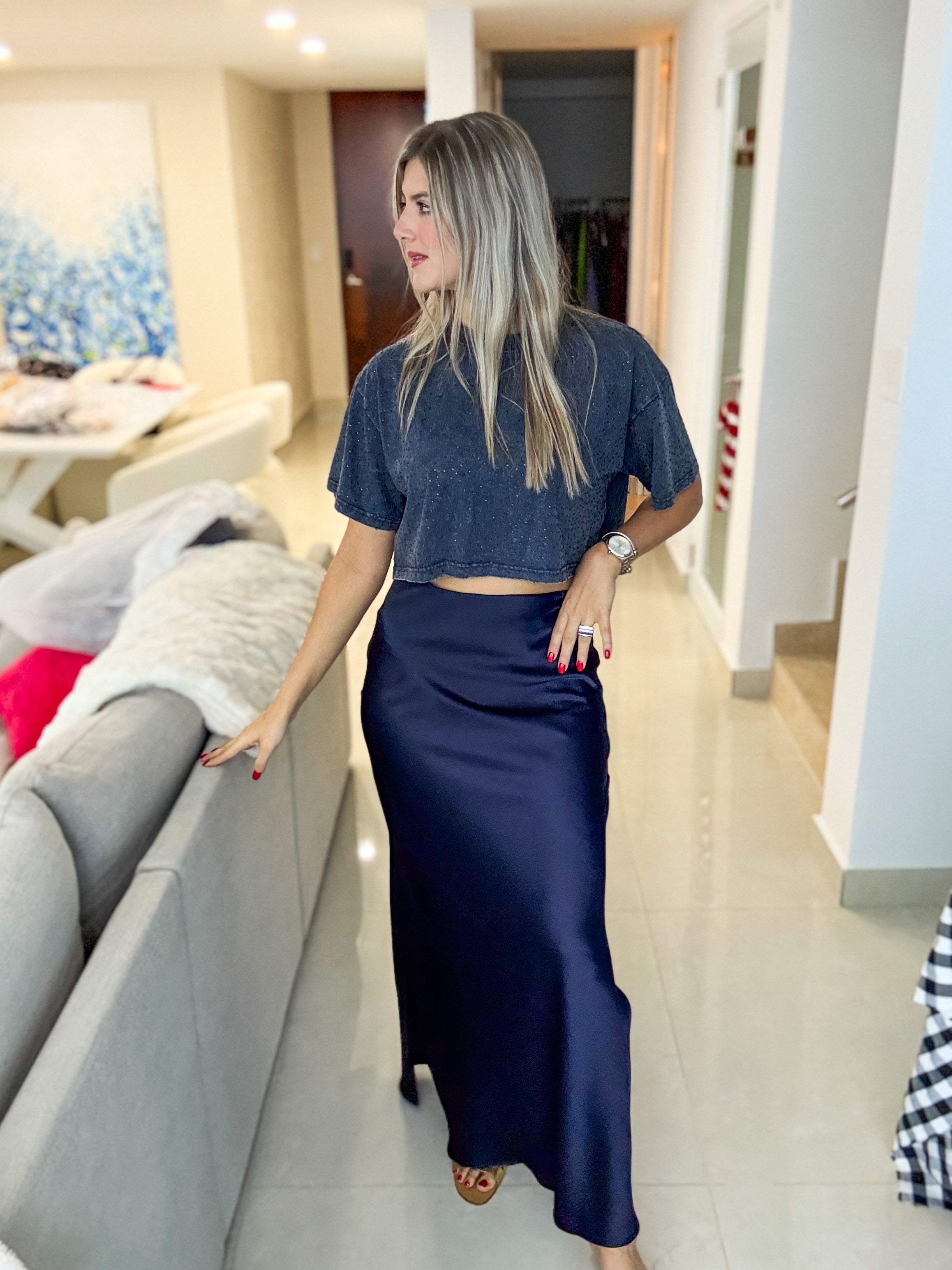 NAVY SATIN SKIRT