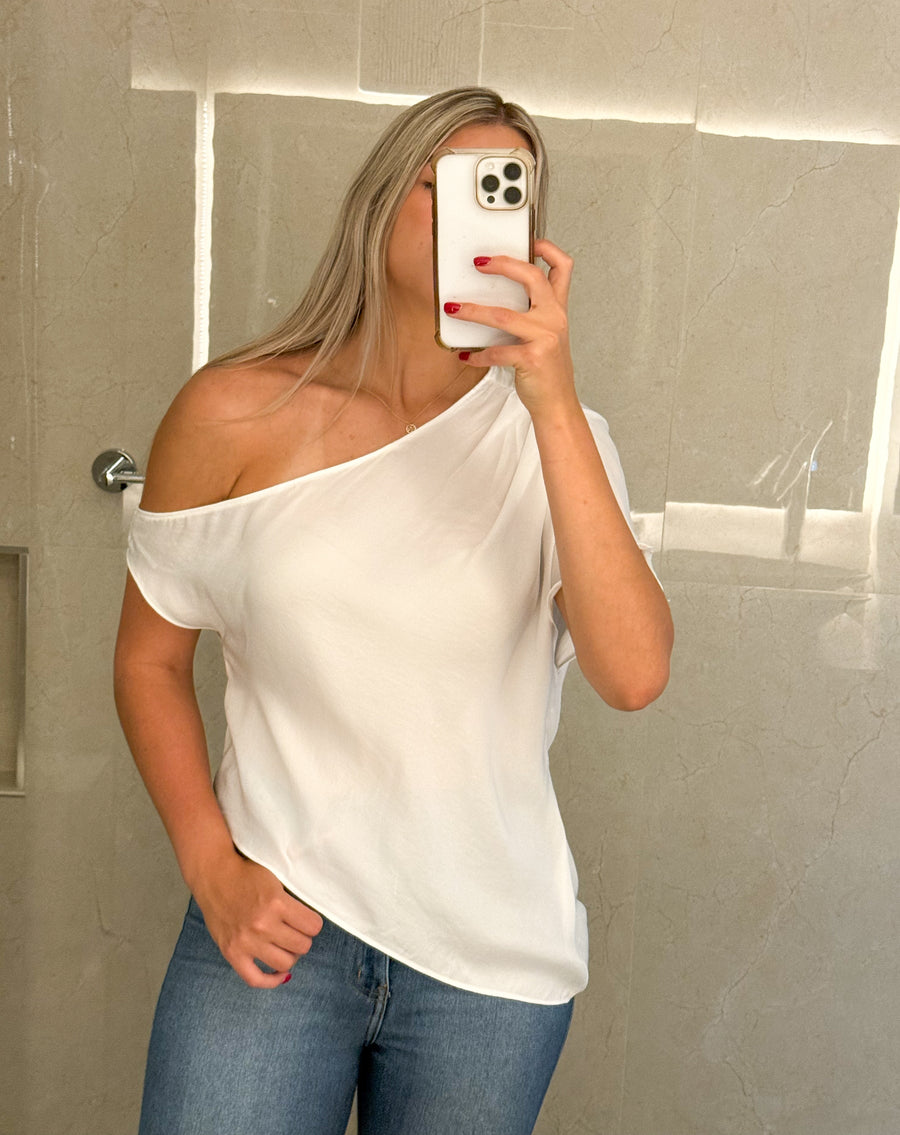 WHITE OFF SHOULDER SATIN BLOUSE