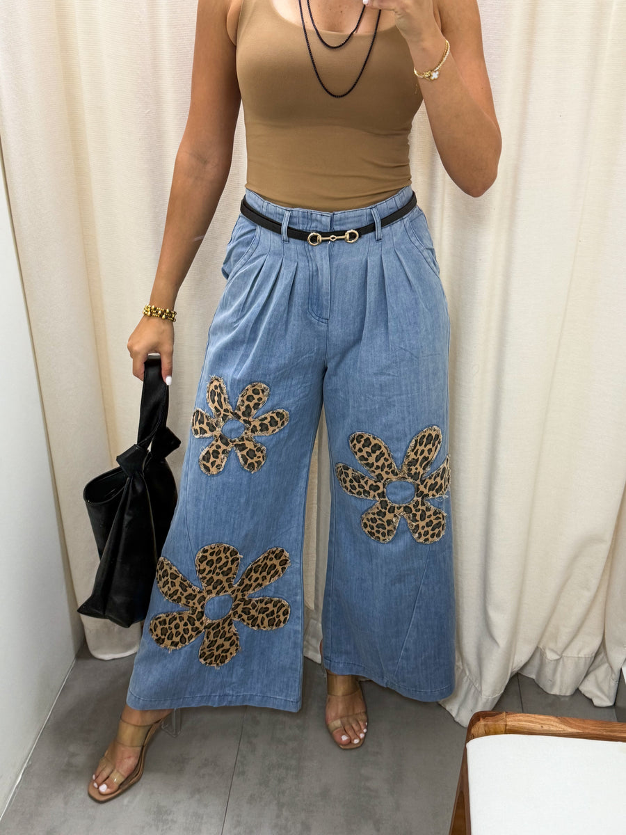 FLOWER LEOPARD PRINT PATCHWORK DENIM WIDE LEG PANTS