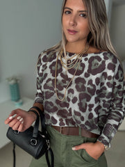 GREEN OLIVE LEOPARD SWEATER BLOUSE